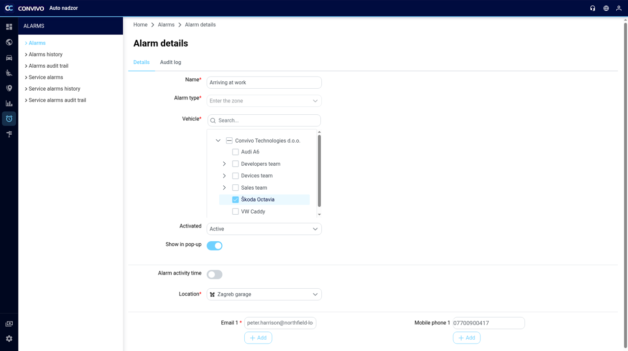 Setting up a zone alarm with email and SMS recipients