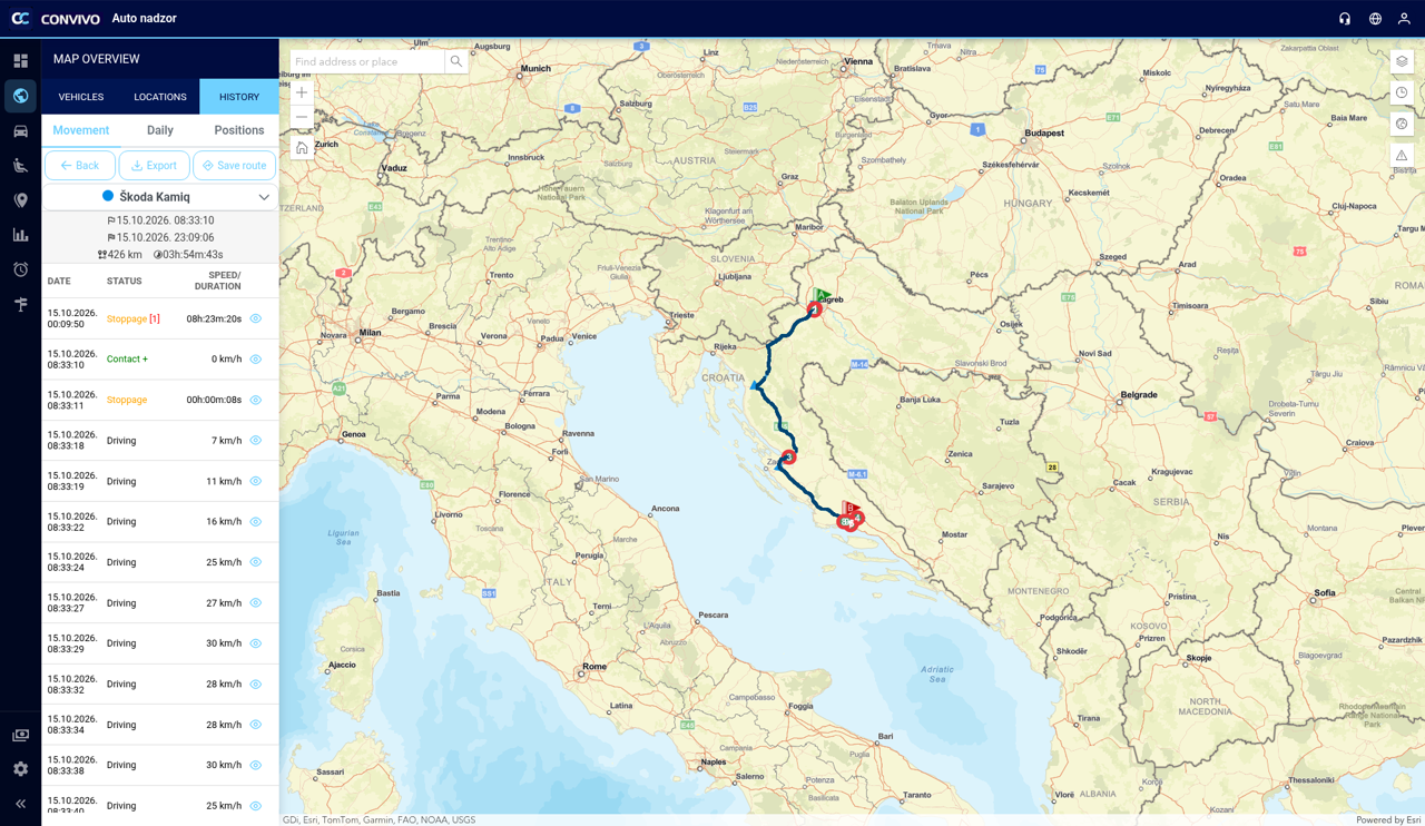 Vehicle history with time-stamped points on the map