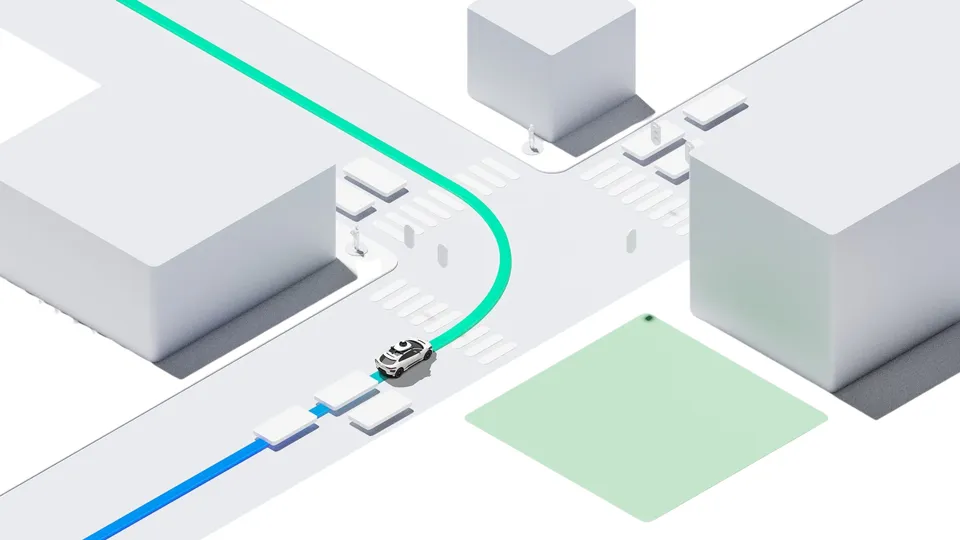 Isometric map of a city with connected vehicles, buildings and street lights