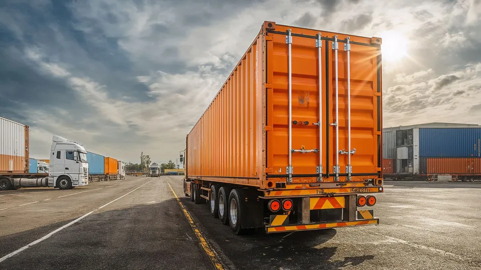 A truck with a container trailer on a road at sunset
