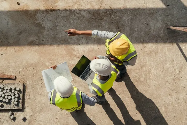 Construction workers with a tablet on site, seen from above