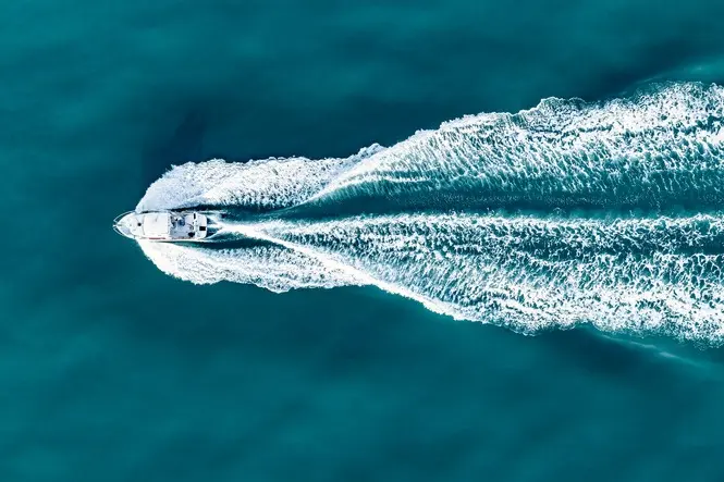 Aerial view of a speedboat wake