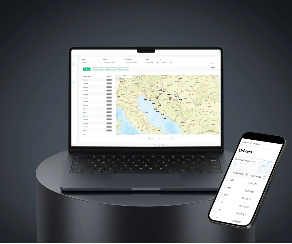 Convivo Connect-webappen på en bærbar med udgifter og køretøjskort og en førerliste på en telefon